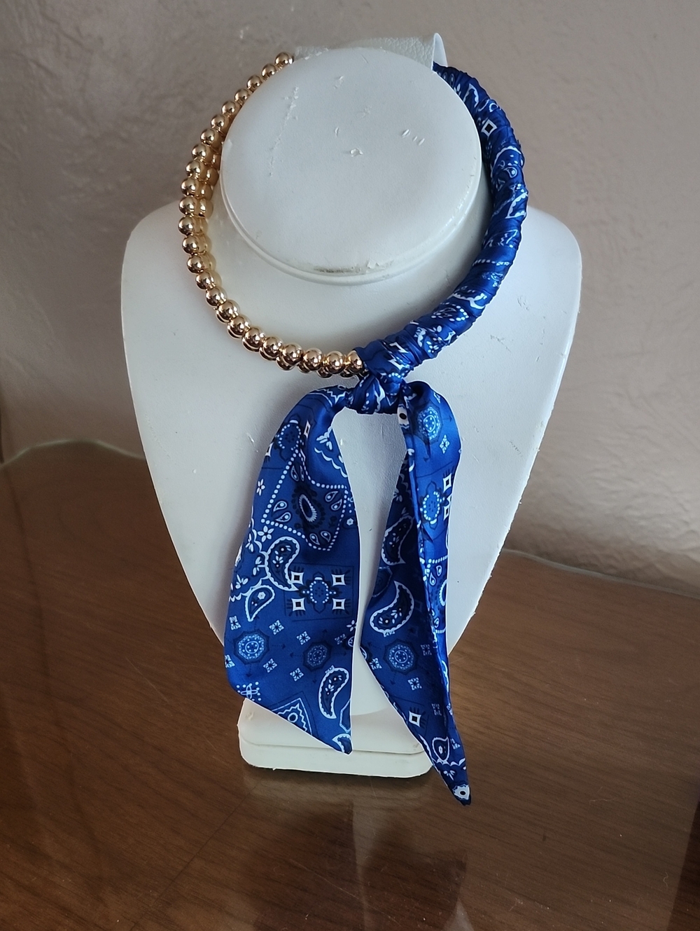 Blue Bandana Scarf Necklace with Gold Beads